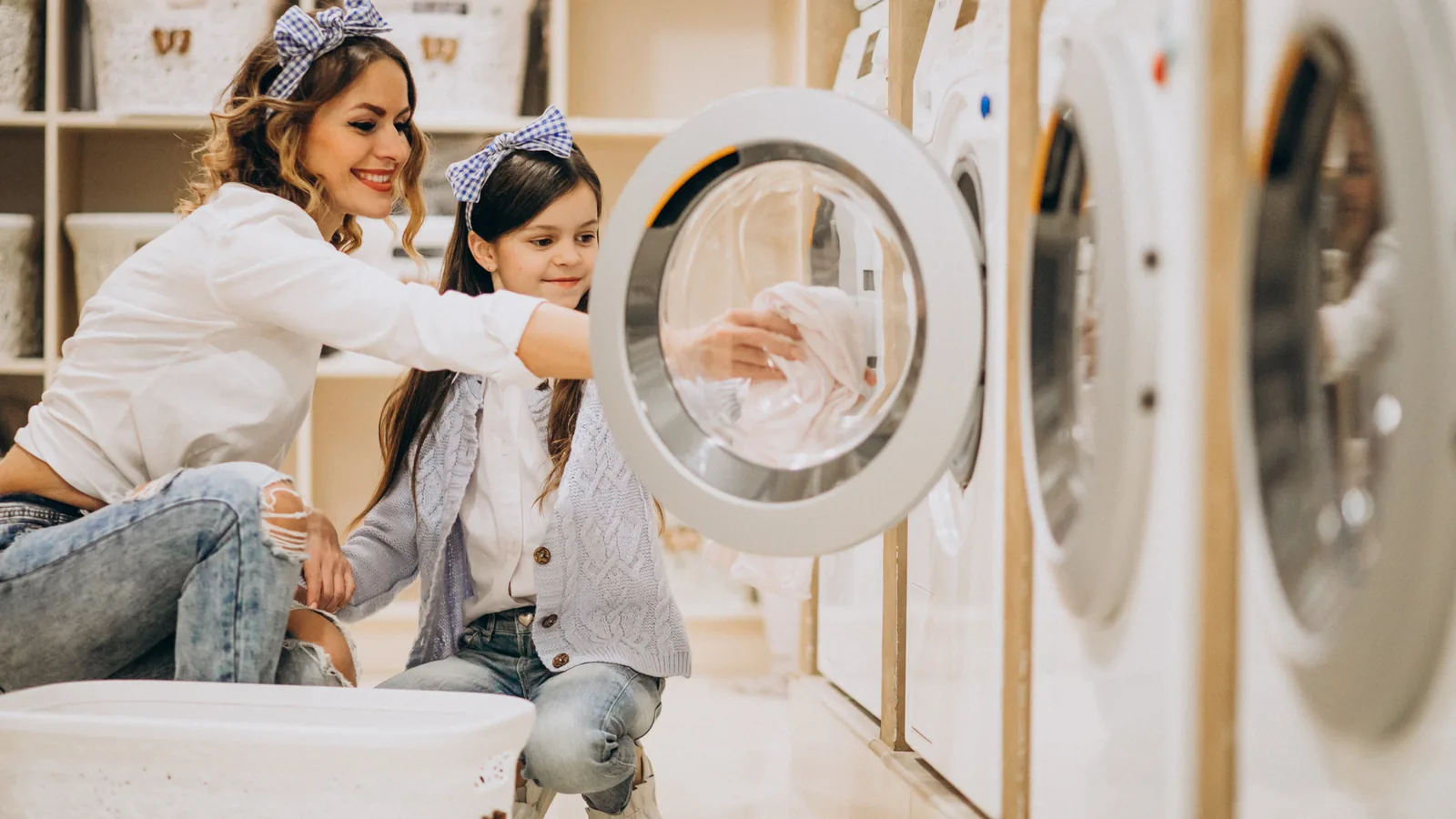 A mother and her young daughter loading a front-load washer together in a bright, modern self-service laundry